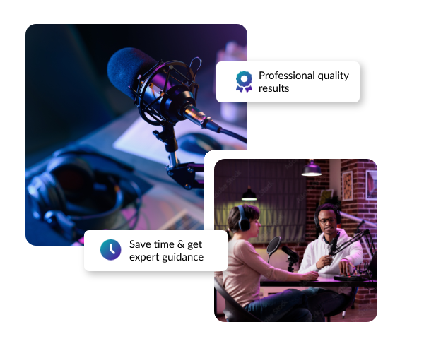 podcast-production Images of professional podcast studio with text listing benefits of working with a podcast porduction agency